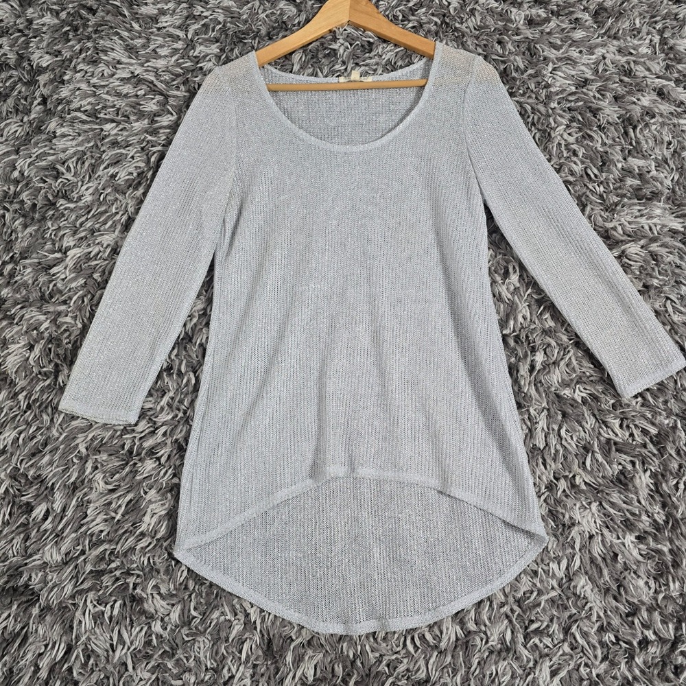 Eileen Fisher Womens XS Silver Metallic Open Knit High-Low Tunic Sweater Italian